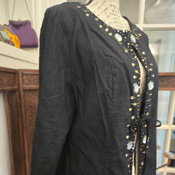 Versailles Black Linen Jacket with Beads and Mother of Pearl, Sz 14 - Picture 3 of 11